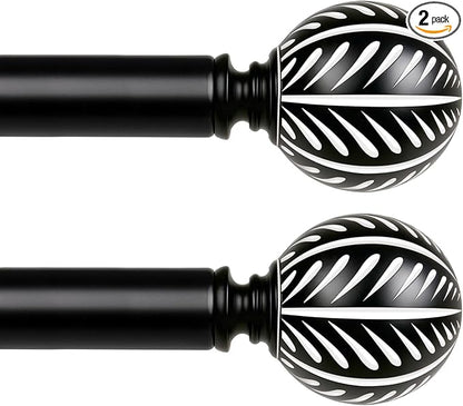KAMANINA 2 Pack Curtain Rods for Windows 48 to 84 Inch(4-7ft), 1 Inch Boho Wood Decorative Drapery Rods, Adjustable Heavy Duty Curtain Rod with Leaf Pattern Finials, Black