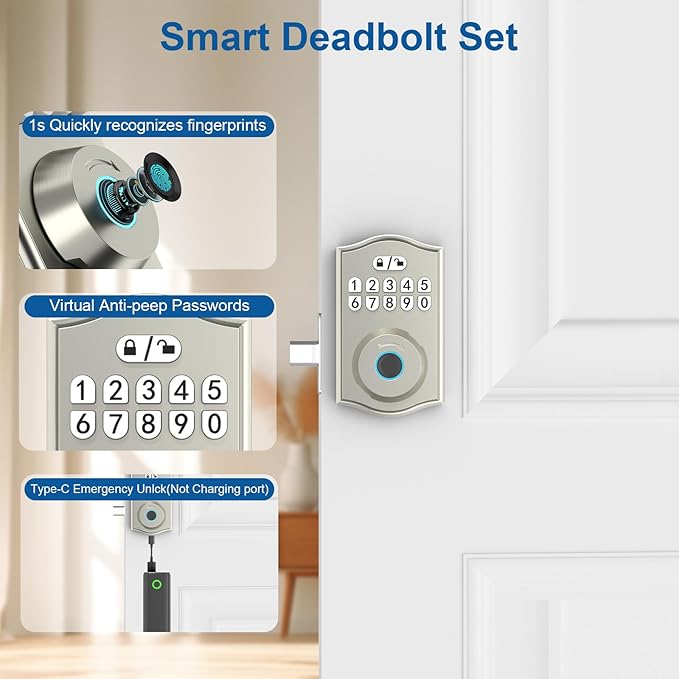 Smart Door Lock - Keyless Entry with Fingerprint/Bluetooth APP Control/Password, Auto Lock, One Time Code, Nickel