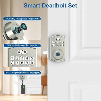 Smart Door Lock - Keyless Entry with Fingerprint/Bluetooth APP Control/Password, Auto Lock, One Time Code, Nickel