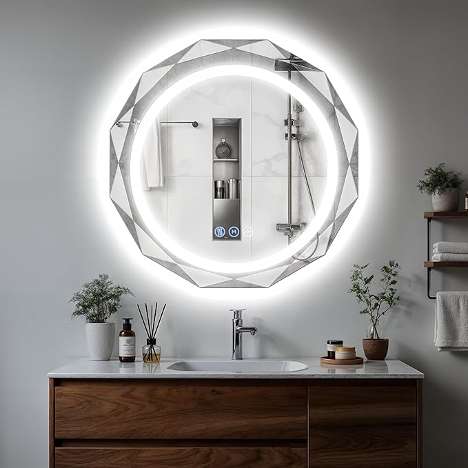 24 Inch Round LED Bathroom Mirror with Lights, Frameless Vanity LED Mirror for Bathroom with Beveled Edge, Backlit Anti-Fog, Dimmable, 3 Colors, Memory Function, Tempered Glass, Shatter-Proof