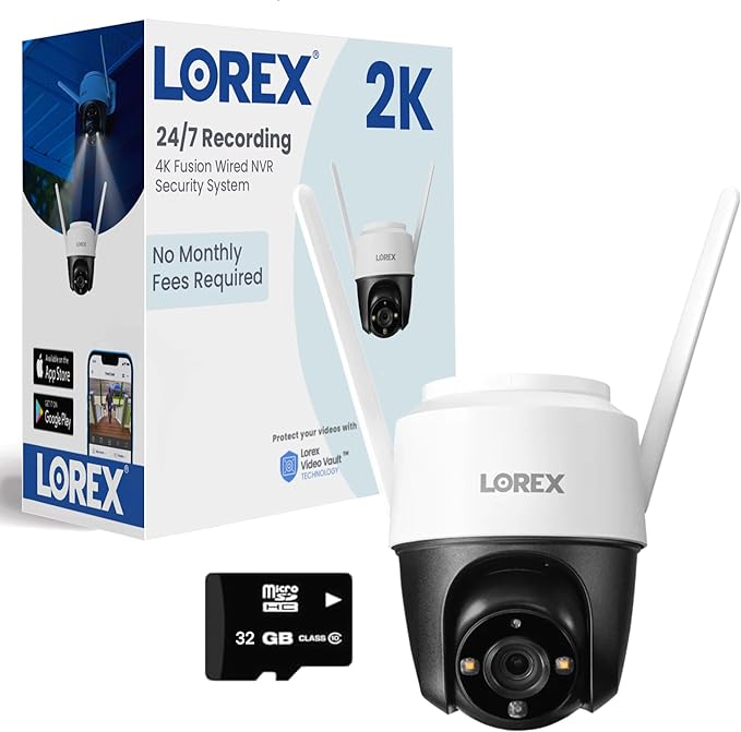 Lorex 2K Pan-Tilt Outdoor WiFi Security Camera | 360° View | Auto-Tracking | Color Night Vision | Person Detection | Warning Light & Siren | IP66 Weatherproof | 32GB MicroSD Included | No Monthly Fee