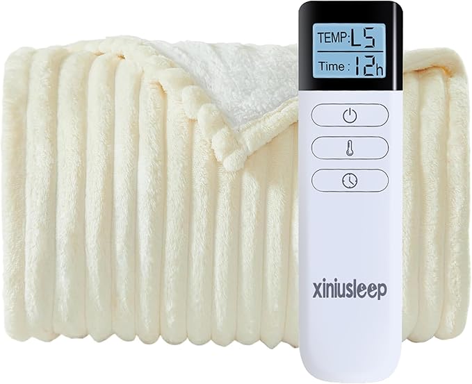 Heated Blanket Electric Blanket 62"x84", Soft Flannel Sherpa Electric Throw with 5 Heating Level & 12 Times Setting, Heated Throw with Overheating Protection, Machine Washable (Beige)