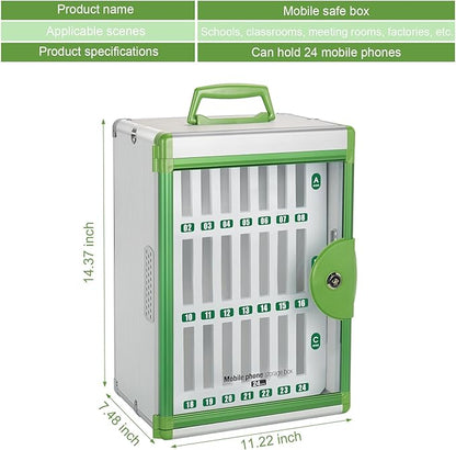 Glosen 24 Slots Cell Phone Locker, Portable Phone Storage Cabinet [Wall Mounted] [Aluminum Alloy] Cellphone Lock Box with Key & Handle for School Classroom Office Exam (Green)