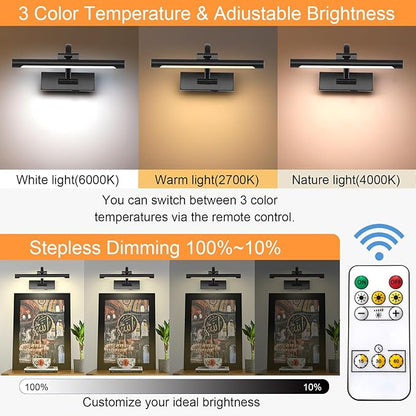 Battery Powered Picture Light with Remote and Timer,Full Metal Art Light with Swing Arm,12 Inch Dimmable,3CCT in One, Rechargeable Wall Lights for Display, Artwork, Canvas,Hallway