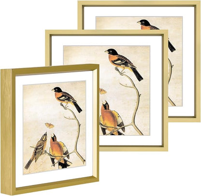 6x6 Picture Frame, Brass Metal Photo Frames with HD Glass, Fits 5x5 with Mat or 6 x 6 without Mat, Display for Wall and Table, 3 Pack