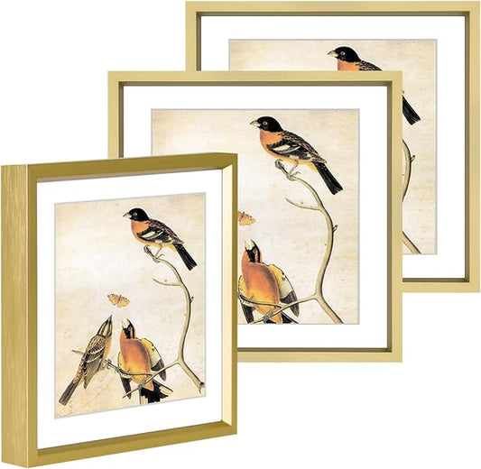 6x6 Picture Frame, Brass Metal Photo Frames with HD Glass, Fits 5x5 with Mat or 6 x 6 without Mat, Display for Wall and Table, 3 Pack