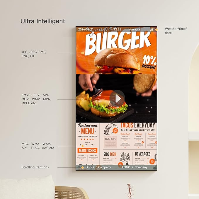 40inch Ultra-Slim Bezel-Less Digital Signage Display 4K HD 700 Nits Wall-Mountable Digital Signage Monitor 4+64G Android System HDMI Connectivity Ideal For Wayfinding Advertisingand More