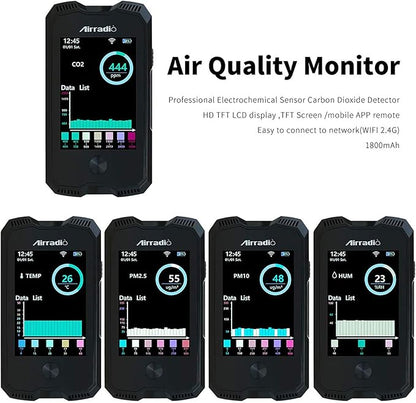 AirRadio Air Quality Monitor Meter A6 Carbon Dioxide Detector Air Quality Pollution Tester for CO2 PM2.5 PM10 Temp Humidity in Indoor Air Quality Meter with Electrochemical Sensor,Black