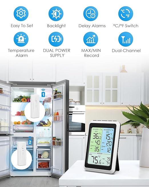 AMIR Upgraded Digital Refrigerator Thermometer with Alarm – 4.5” Wireless Fridge & Freezer Thermometer with 2 Sensors, Backlight Color Screen, MAX/MIN Records for Home, Restaurant & Wine Cellar Use