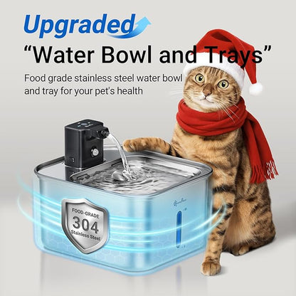 DownyPaws Cat Water Fountain Stainless Steel Wireless, 101 oz/3L FurSink Cordless Water Fountain for Cats, Battery Operated Cat Fountains for Drinking with Motion Sensor, Easy Clean, Metal