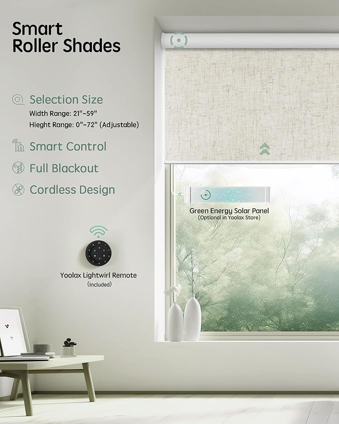 Yoolax Motorized Blinds with Remote, Blackout Smart Blinds Automatic Blinds for Windows, Electric Window Shades Compatible with Alexa Roller Window Shades with Valance (Linen Beige, 44" W x 72" H)