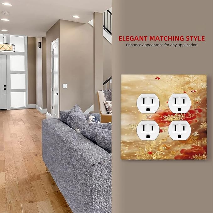 Decorative Outlet Covers Golden Leaf Red Peony Flowers Floral 2 Gang Wall Plate Cover Double Duplex Receptacle Two Switch Light Switch Cover Plate Jumbo Dual Faceplate