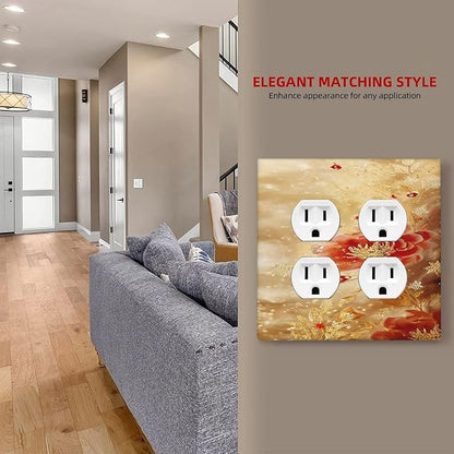 Decorative Outlet Covers Golden Leaf Red Peony Flowers Floral 2 Gang Wall Plate Cover Double Duplex Receptacle Two Switch Light Switch Cover Plate Jumbo Dual Faceplate