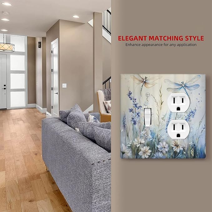 Decorative Outlet Covers Watercolor Dragonfly Blue Wihte Flower 2 Gang Light Switch Cover Plate Single Toggle Duplex Wall Plates for Electrical Outlets Switch Plate Covers for Bedroom Decor