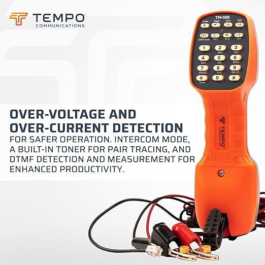 TEMPO Communications TM-500 Telephone Test Set, DSL-Compatible Lineman's Butt Set w/Headset, Tone and Pulse Dialing, ABN Bed of Nails & Spike Alligator Clips (TM-500)