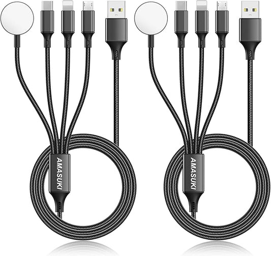 2Pack Multi Charging Cable for Apple Watch Charger 4 in 1 Travel Essentials RV Camping Essentials USB C/L/Micro Compatible with iWatch Series 11-1/iPhone 17/16/15/Android Airplane Gadgets-4FT/Black