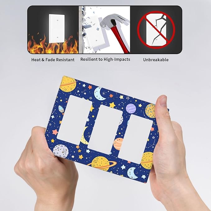 Stars Starry Night Sun Moon Planet Constellations Light Switch Covers 3 Gang Rocker Decorative Triple Outlet Wall Plate Cover Electrical GFCI Switchplate for Bedroom Bathroom Decor