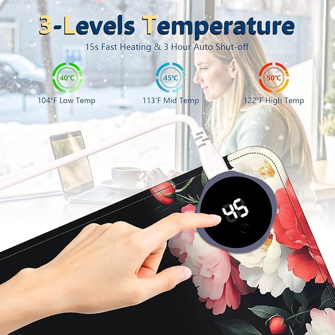 Heated Mouse Pad with 3 Temperature Settings(104°F–122°F),Large 24x14.2 Inch PU Leather Heated Desk Mat,Waterproof Warming Pad for Office,Gaming & Cold Hands Relief,Vintage Flowers
