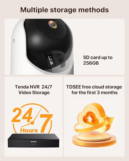 Tenda 2K Indoor Security Camera for Baby Monitor, 360°Pet/Dog Camera for Home Security, 2-Way Audio, Motion Detection, Night Vision, 24/7 Cloud & SD Card Storage (CP3-V3.0 with 64GB SD Card)