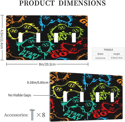 Decorative Light Switch Plate Covers Gamepad Theme Graffiti 4 Gang Light Switch Cover Quad Toggle Wall Plate Outlet Covers for Game Room Bedroom Home Decor