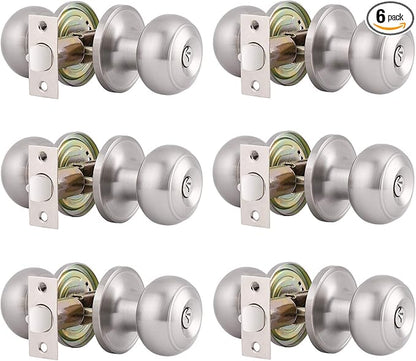 Gobrico Round Satin Nickel Keyed-alike Entry Locks Knobs 6Pack, Front Enry Door Knobs with Lock and Same Key, Round Ball Style Locksets Door Handles