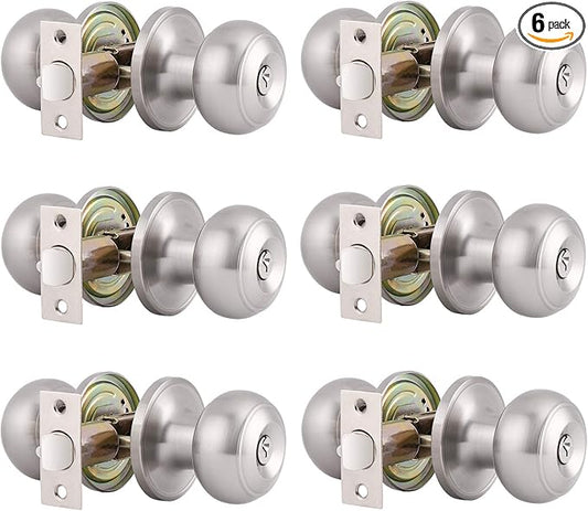 Gobrico Round Satin Nickel Keyed-alike Entry Locks Knobs 6Pack, Front Enry Door Knobs with Lock and Same Key, Round Ball Style Locksets Door Handles