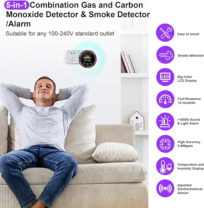 3 Pack Smoke Carbon Monoxide Detector Alarm, Plug in Smoke co Detectors, Home Natural Gas Leak Detector, Portable 5in1 Real-Time Smoke,CO,Gas Monitor Alarms with Temp/RH, for RV Hotel,Travel (Black)