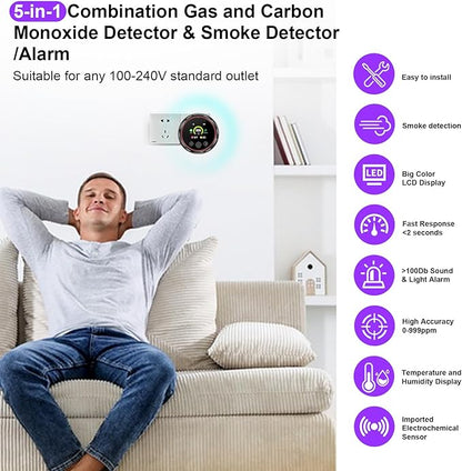3 Pack Smoke Carbon Monoxide Detector Alarm, Plug in Smoke co Detectors, Home Natural Gas Leak Detector, Portable 5in1 Real-Time Smoke,CO,Gas Monitor Alarms with Temp/RH, for RV Hotel,Travel (Black)