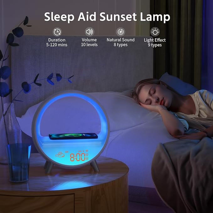 MOMILLA Sunrise Alarm Clock with Wireless Charging & Bluetooth Speaker, Compatible with Airpods/iPhone, Smart APP Control, Sound Machine, Night Light Bedrooms, Alarm Clocks for Heavy Sleepers Adults