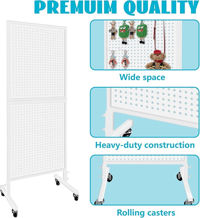 Royxen Standing Pegboard Display 2 x 5 Feet, Metal Pegboard with 30 Hooks, Peg Board Display Stand with Wheels for Vendors, Home and Retail Store (White)