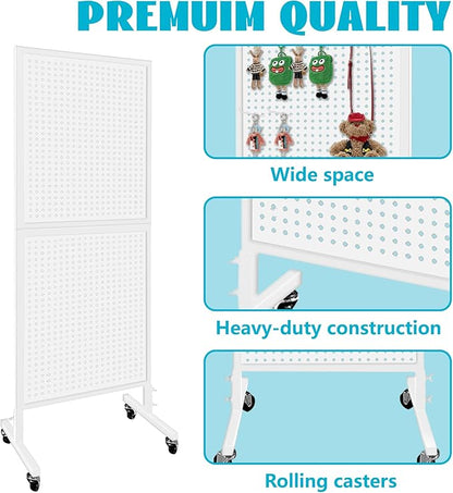 Royxen Standing Pegboard Display 2 x 5 Feet, Metal Pegboard with 30 Hooks, Peg Board Display Stand with Wheels for Vendors, Home and Retail Store (White)