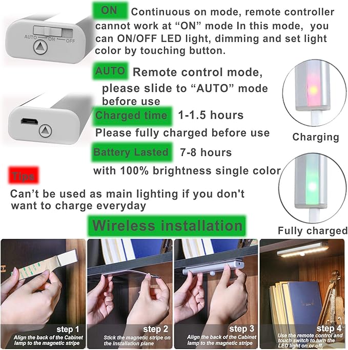 LDOPTO Under Cabinet Lights with Remote, Magnetic Rechargeable Under Counter Closet Lights, Wireless Night Light Bar Stick-On, for Kitchen Wardrobe Cupboard Stairs Bedroom, 2-Pack, Warm White