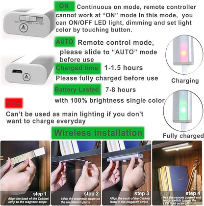 LDOPTO Under Cabinet Wireless LED Lights, 6 Pack Rechargeable Battery Operated, Dimmable, Remote Control, Stick On Night Lights for Kitchen, Pantry, Stairs, Hallway, 3 Colors