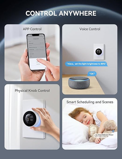 ELEGRP WiFi Smart Rotary Traic Dimmer with 1.8 inch TFT Display Screen, Single Pole, Needs Neutral Wire, 2.4GHz Wi-Fi, Compatible with Alexa and Google Home, No Hub Required, UL Listed, 2 Pack, White