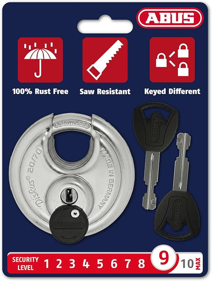 ABUS - Diskus 20/70 Padlock with Key (2.75") 70mm - Heavy Duty Stainless Steel - Cut, Rust & Drill Resistant - Storage & Outdoor - Pad Lock with 2 Keys (Keyed Different) - Locker Lock - Home Security