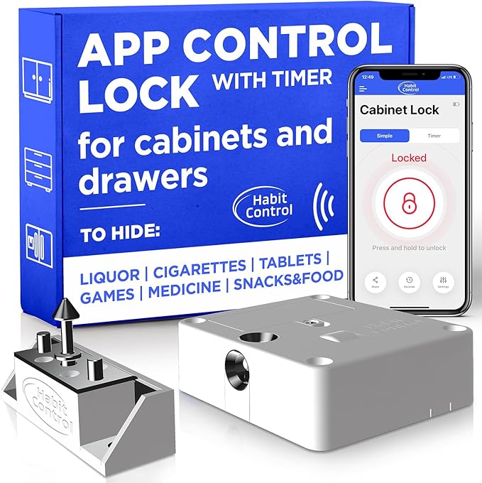 Smart Lock for Cabinets & Drawers - Bluetooth Timer Lock Box for Alcohol, Snacks, Video Games, Medication - App-Controlled Safe with Multiple Modes - Supports Focus and Healthy Routines