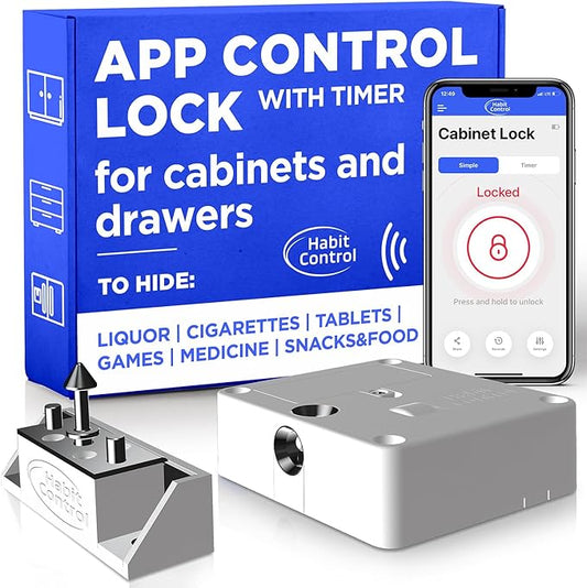 Smart Lock for Cabinets & Drawers - Bluetooth Timer Lock Box for Alcohol, Snacks, Video Games, Medication - App-Controlled Safe with Multiple Modes - Supports Focus and Healthy Routines