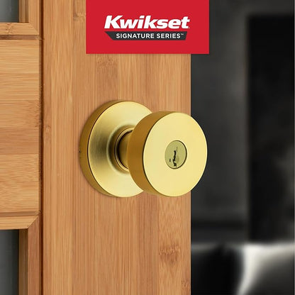 Kwikset Pismo Entry Door Knob with Lock and Key, Secure Keyed Handle Exterior, Front Entrance and Bedroom, Satin Brass, 10 Pack, Pick Resistant SmartKey Rekey Security
