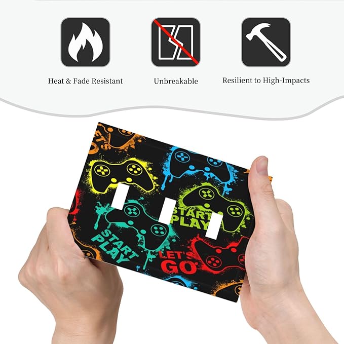 Decorative Light Switch Plate Covers Gamepad Theme Graffiti 3 Gang Light Switch Cover Triple Toggle Wall Plate Outlet Covers for Game Room Bedroom Home Decor