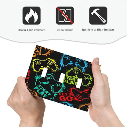 Decorative Light Switch Plate Covers Gamepad Theme Graffiti 3 Gang Light Switch Cover Triple Toggle Wall Plate Outlet Covers for Game Room Bedroom Home Decor