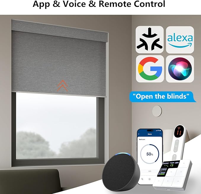 Smart Motorized Blinds – 70% Blackout Roller Shades with Remote, Alexa/Google Home/Siri Control, Matter Compatible, Wireless Rechargeable Battery, Custom Sizes for Windows & Sliding Doors