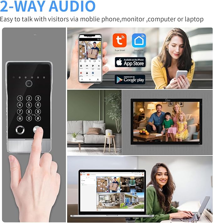Wired Video Door Phone Apartment Intercom System,10 Inch Touch Monitor with 1080P doorbell,Support Fingerprints, RFID Cards,Passwords,Unlock Motion Detection for Home (1 Doorbell + 3 Monitor)