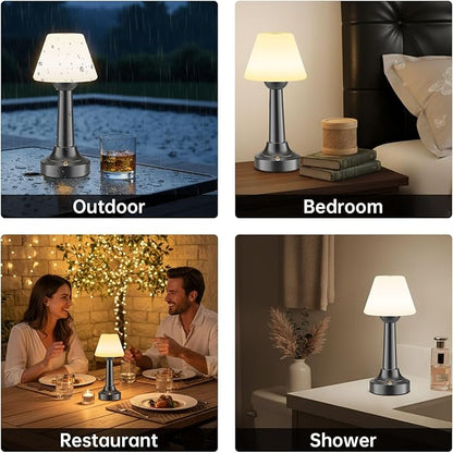 Cordless Table Lamp, Rechargeable Touch LED Lamp with 3 Color Temps & Stepless Dimming, Portable Battery Operated Light for Bathroom, Shower, Bedroom, Patio, Indoor/Outdoor Use, IP65 Waterproof