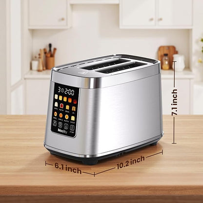 Mecity Motorized Toaster 2 Slice with Touch Screen, Stainless Steel Smart Toaster, 8 Bread Types, 5 Shade Levels, 1200W High Power, Keep Warm Mode, Reheat Defrost Functions, 120V