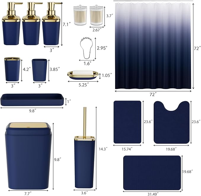 Bathroom Sets with Shower Curtain and Rugs, 27PC Bathroom Accessory Set, Blue Bathroom Set, Navy Blue Bathroom Accessories Set with Trash Can, Toilet Brush and Soap Dispensers