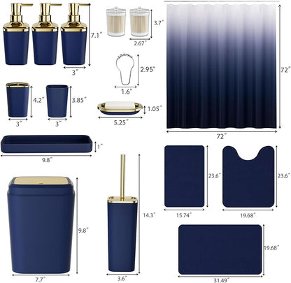 Bathroom Sets with Shower Curtain and Rugs, 27PC Bathroom Accessory Set, Blue Bathroom Set, Navy Blue Bathroom Accessories Set with Trash Can, Toilet Brush and Soap Dispensers