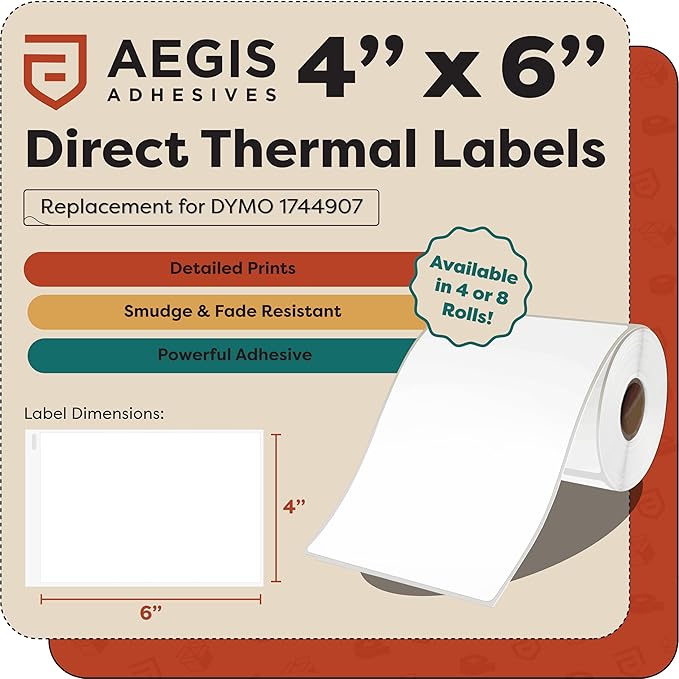 Aegis Adhesives - 4" X 6" Replacement for DYMO 1744907 (8 Rolls/1760 Labels) Direct Thermal Shipping Labels - Compatible with LabelWriter 4XL Desktop Printers (NOT Compatible with 5XL)