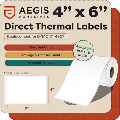 Aegis Adhesives - 4" X 6" Replacement for DYMO 1744907 (8 Rolls/1760 Labels) Direct Thermal Shipping Labels - Compatible with LabelWriter 4XL Desktop Printers (NOT Compatible with 5XL)