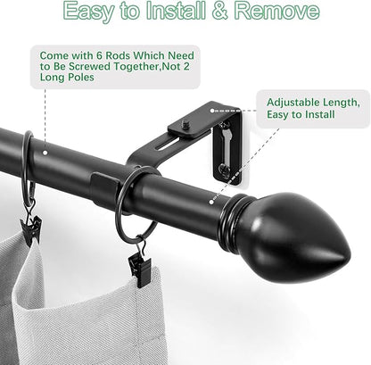 Curtain Rods for Windows 16 to 92 inches, Curtain Rod Max Adjustable Length to 104 in, Drapery Rod 1 inch Diameter with Modern Knobs Finials (Black, 16" to 92" - Set of 1)