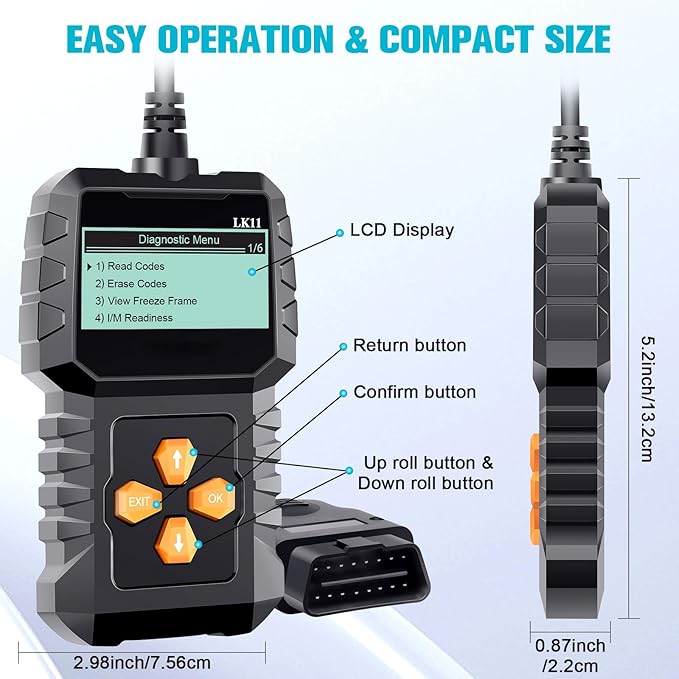 OBD2 Scanner Ease Setup Plug-Play: Clear Reset Engine Error Code Professional Code Reader Diagnostic Scan Tools with Freeze Frame/I/M Readiness for Cars Since 1996 & Newer - LK11